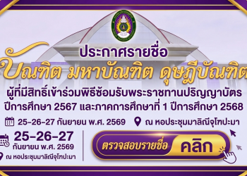ประกาศราศรายชื่อ บัณฑิต มหาบัณฑิต ดุษฎีบัณฑิต  ที่มีสิทธิ์เข้าร่วมพิธีซ้อมรับพระราชทานปริญญาบัตร ปีการศึกษา 2567 และภาคการศึกษาที่ 1 ปีการศึกษา 2568