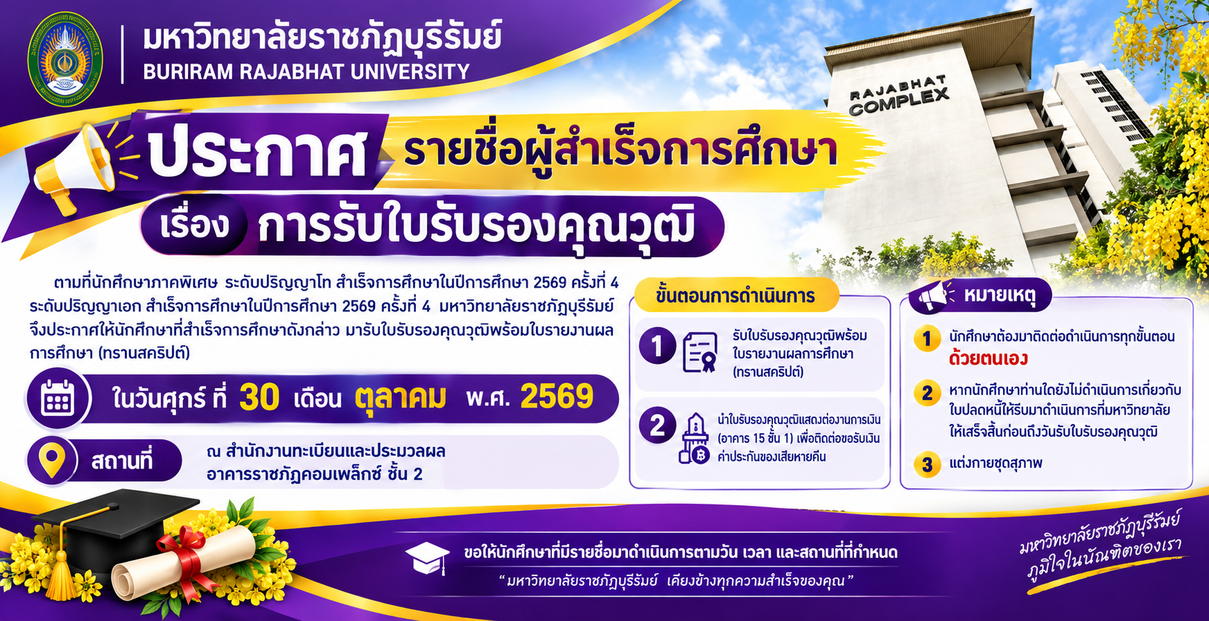 ประกาศรายชื่อผู้สำเร็จการศึกษาและกำหนดการรับใบรับรองคุณวุฒิ